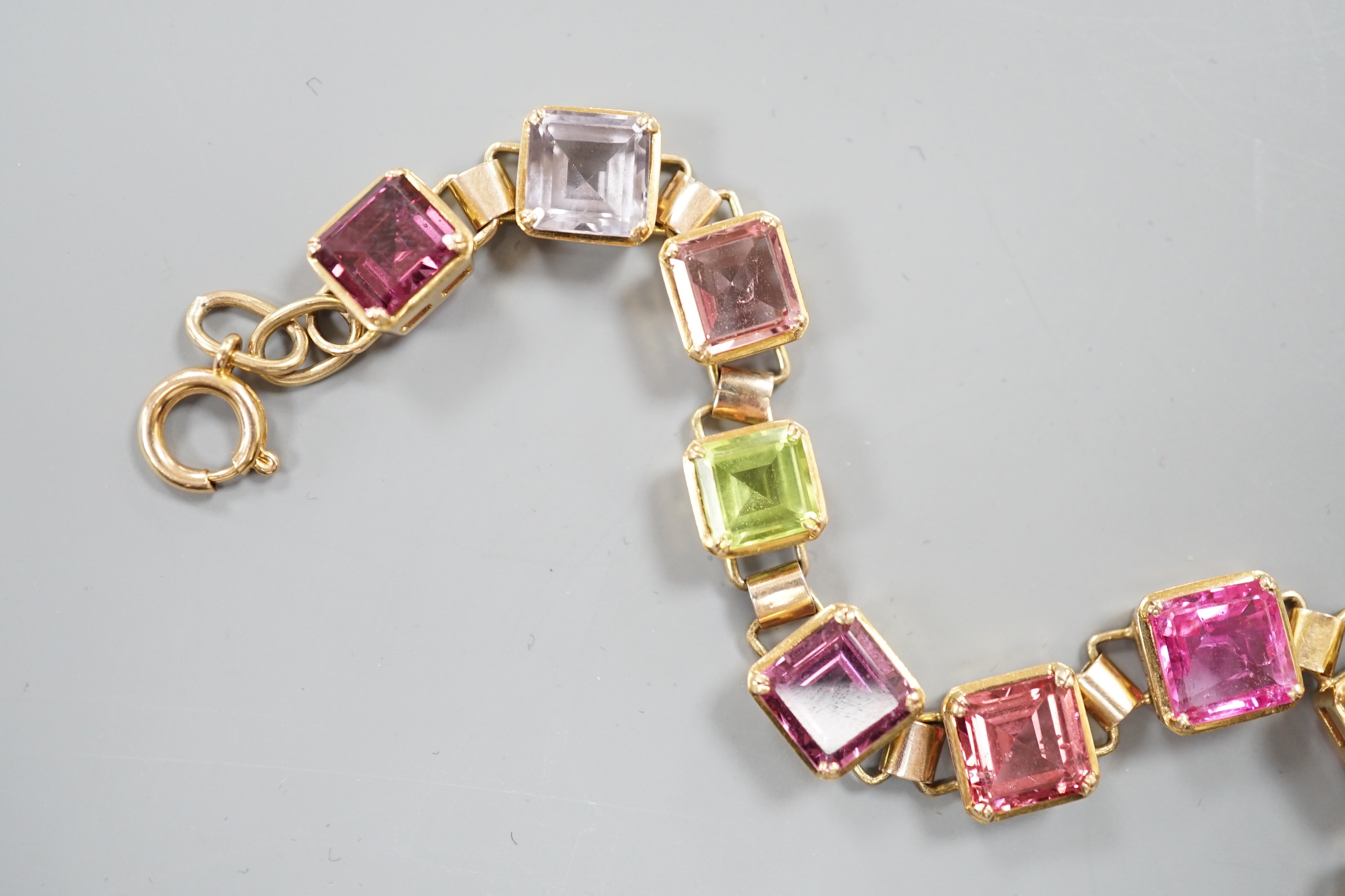 A modern 9k yellow metal and multi gem set bracelet, overall 24cm, gross weight 19.5 grams